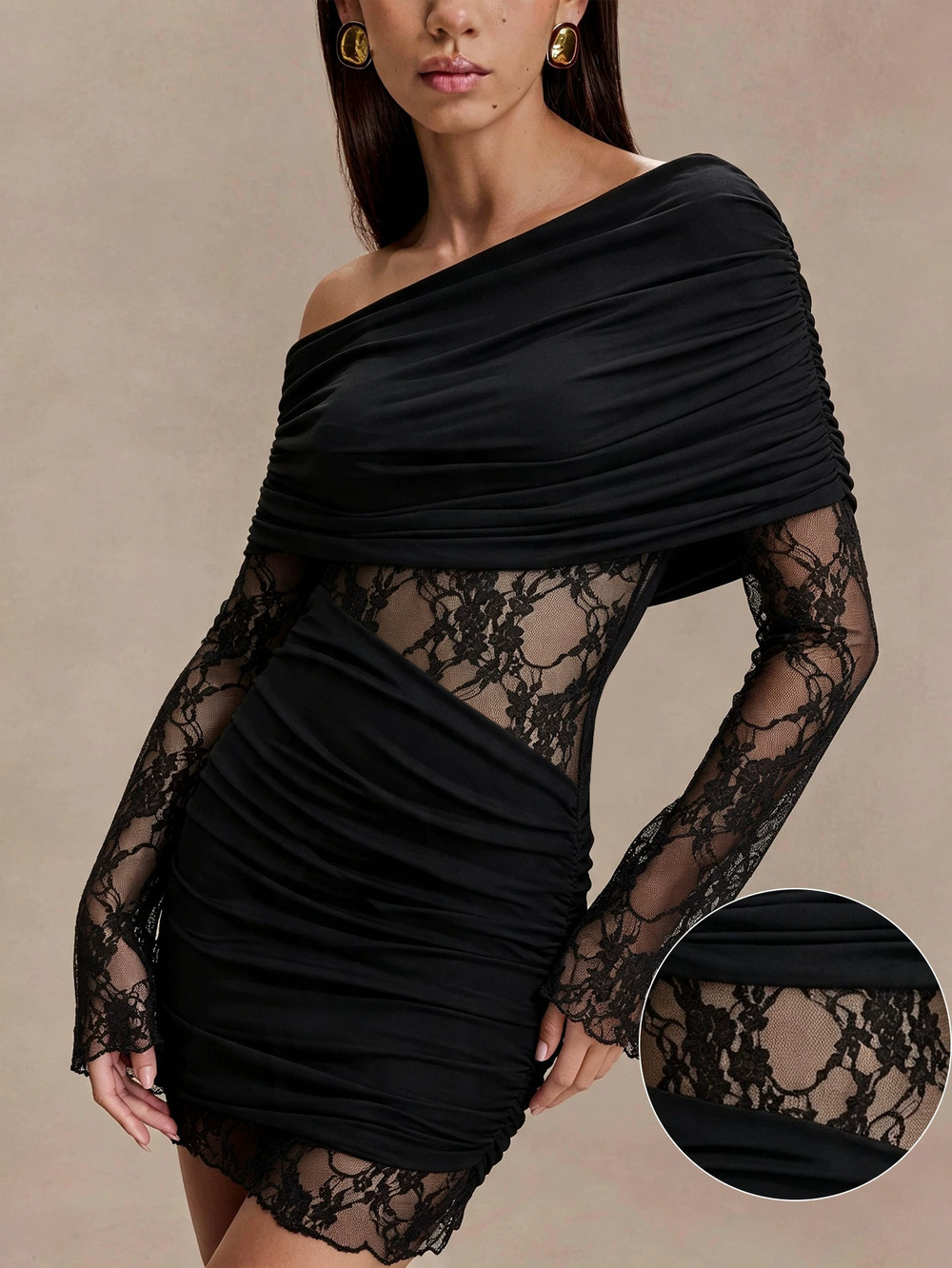 ZARA Sexy Off Shoulder Lace Trim Long Sleeve Bodycon Mini Dress Slimming